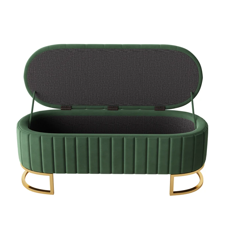 Banquette pouf capitonné en velours vert avec pieds dorés RIFTZYNTHYNOR