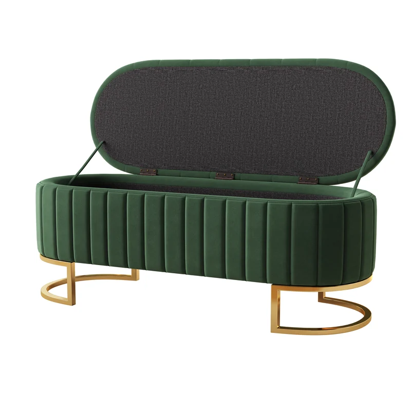 Banquette pouf capitonné en velours vert avec pieds dorés RIFTZYNTHYNOR