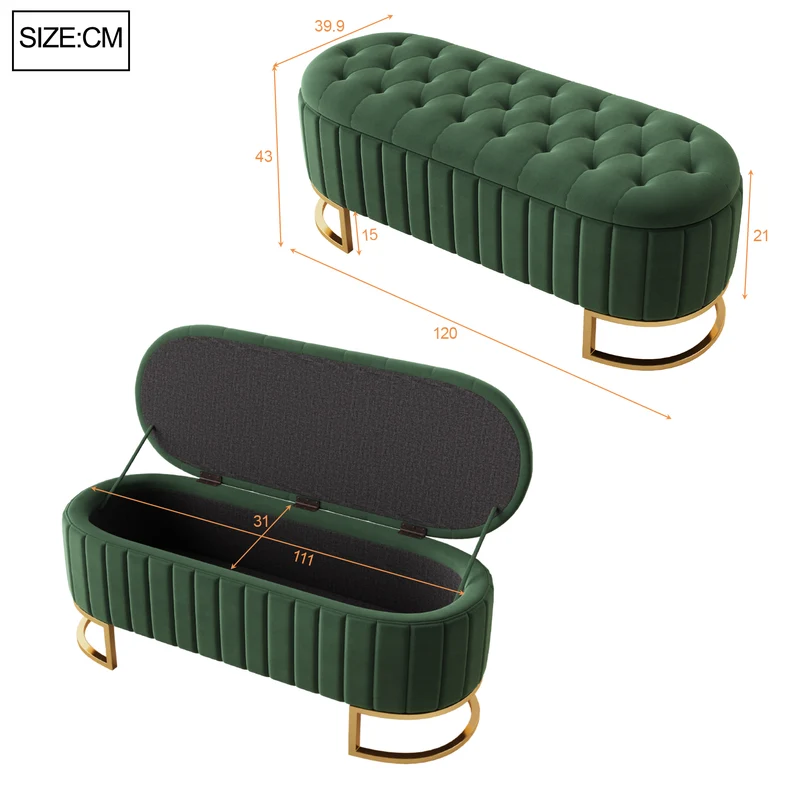 Banquette pouf capitonné en velours vert avec pieds dorés RIFTZYNTHYNOR