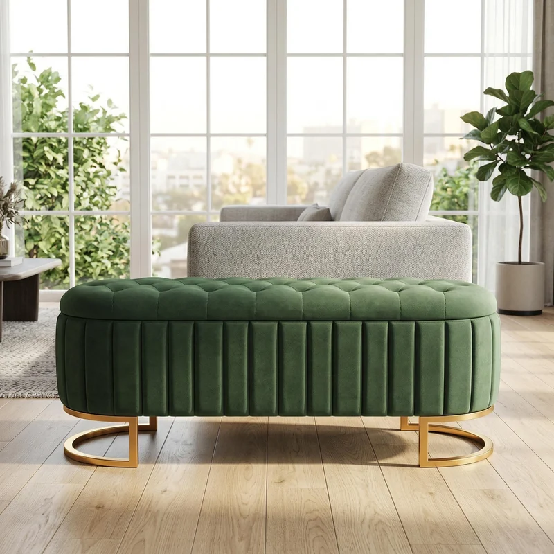 Banquette pouf capitonné en velours vert avec pieds dorés RIFTZYNTHYNOR