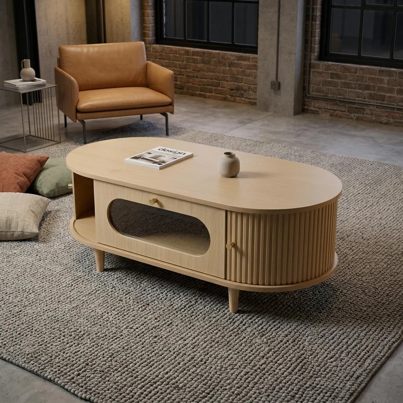 Table basse effet bois chêne 1 tiroir & portes coulissantes RIFTVALTHYNATH