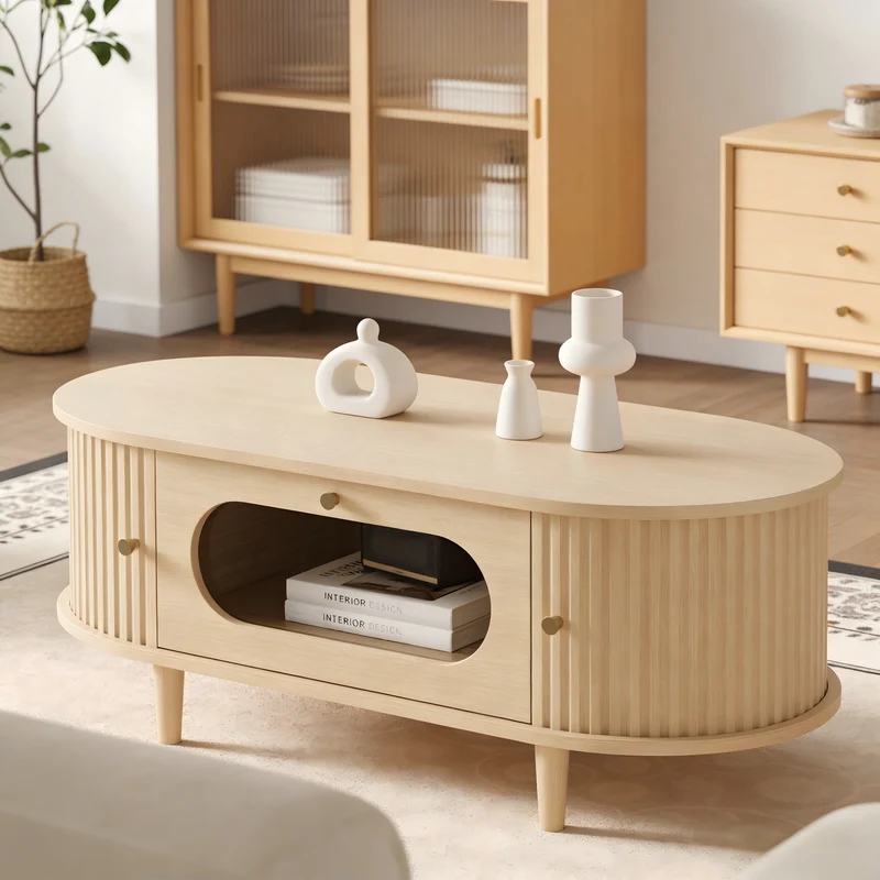 Table basse effet bois chêne 1 tiroir & portes coulissantes RIFTVALTHYNATH