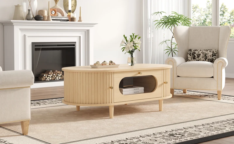 Table basse effet bois chêne 1 tiroir & portes coulissantes RIFTVALTHYNATH