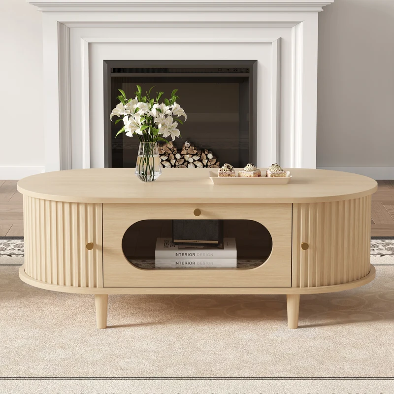 Table basse effet bois chêne 1 tiroir & portes coulissantes RIFTVALTHYNATH
