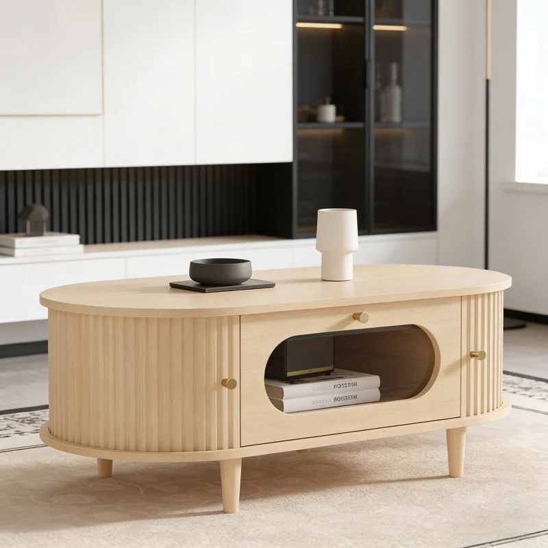 Table basse effet bois chêne 1 tiroir & portes coulissantes RIFTVALTHYNATH