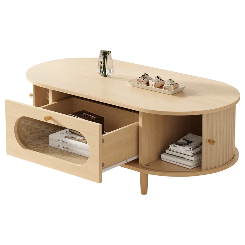 Table basse effet bois chêne 1 tiroir & portes coulissantes RIFTVALTHYNATH