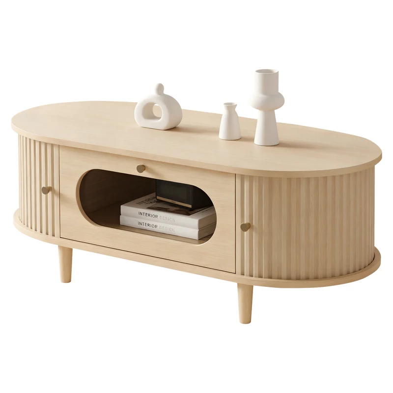 Table basse effet bois chêne 1 tiroir & portes coulissantes RIFTVALTHYNATH