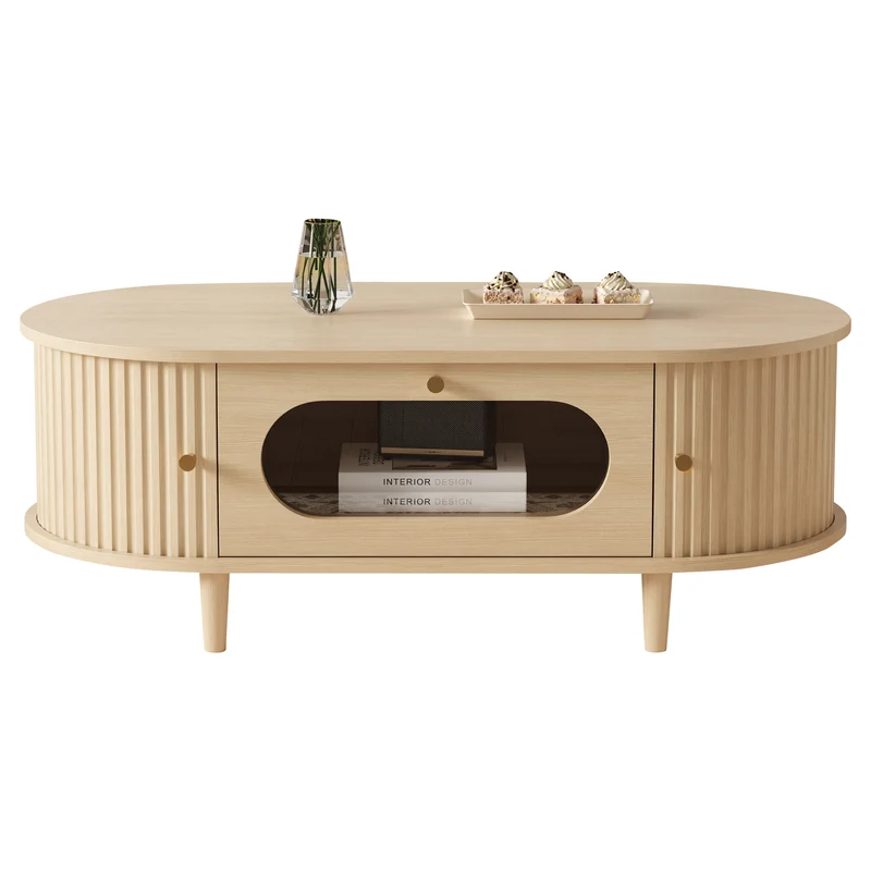 Table basse effet bois chêne 1 tiroir & portes coulissantes RIFTVALTHYNATH