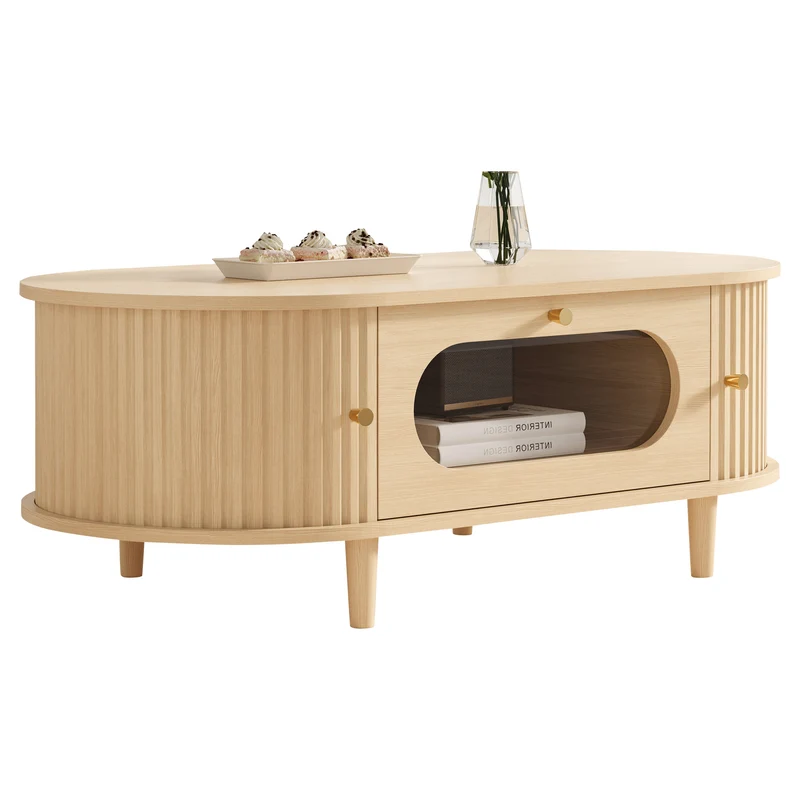Table basse effet bois chêne 1 tiroir & portes coulissantes RIFTVALTHYNATH