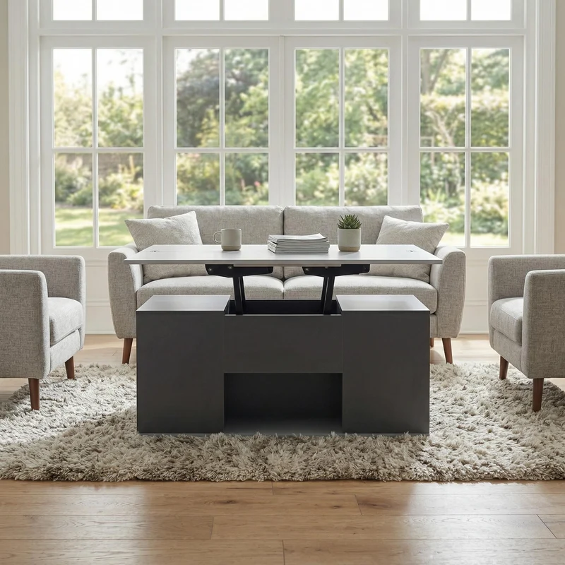 Table basse blanc et gris tablette relevable pliable, 2 portes 3 niches et 2 tiroirs 100x51cm RIFTKRYOSYNATH