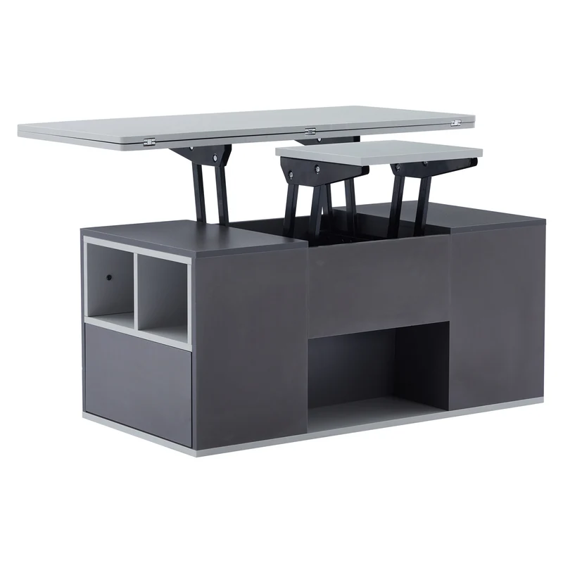Table basse blanc et gris tablette relevable pliable, 2 portes 3 niches et 2 tiroirs 100x51cm RIFTKRYOSYNATH