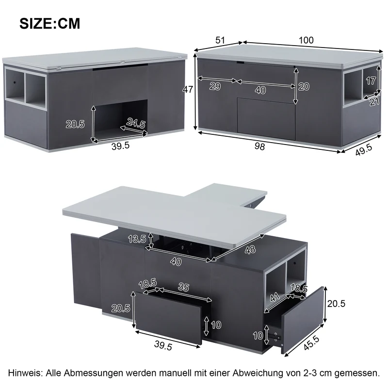 Table basse blanc et gris tablette relevable pliable, 2 portes 3 niches et 2 tiroirs 100x51cm RIFTKRYOSYNATH