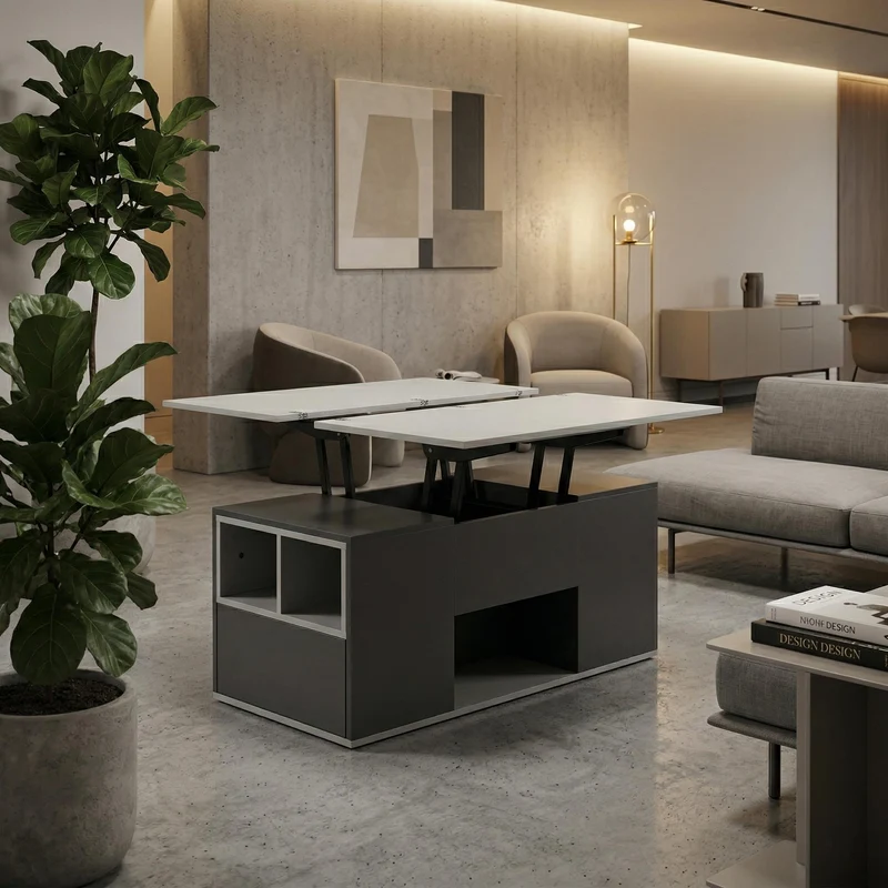 Table basse blanc et gris tablette relevable pliable, 2 portes 3 niches et 2 tiroirs 100x51cm RIFTKRYOSYNATH