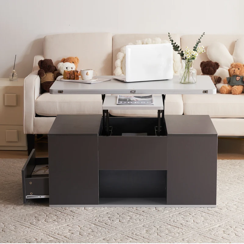 Table basse blanc et gris tablette relevable pliable, 2 portes 3 niches et 2 tiroirs 100x51cm RIFTKRYOSYNATH