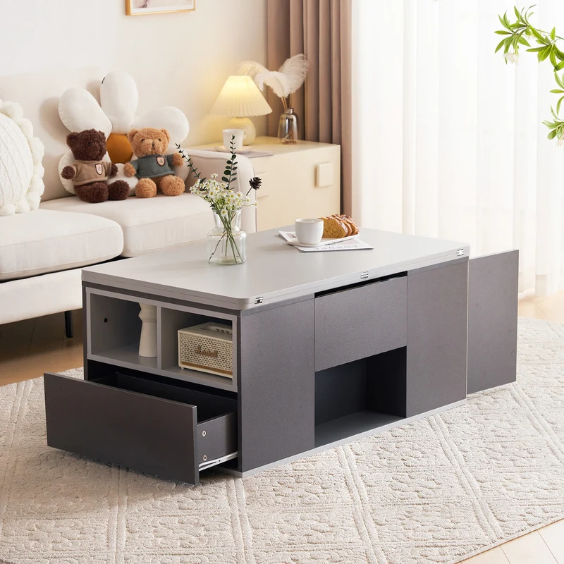 Table basse blanc et gris tablette relevable pliable, 2 portes 3 niches et 2 tiroirs 100x51cm RIFTKRYOSYNATH