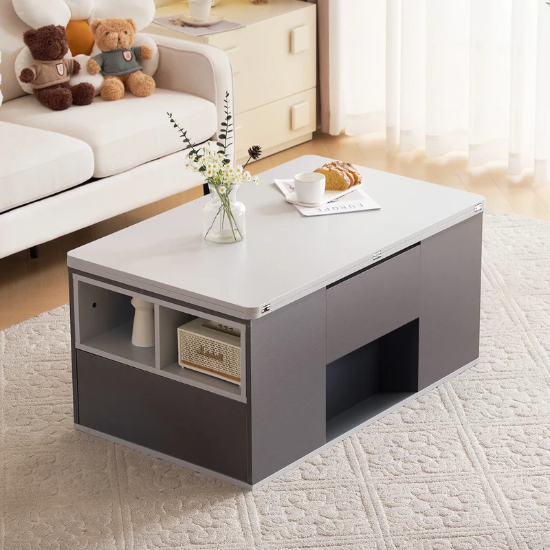 Table basse blanc et gris tablette relevable pliable, 2 portes 3 niches et 2 tiroirs 100x51cm RIFTKRYOSYNATH