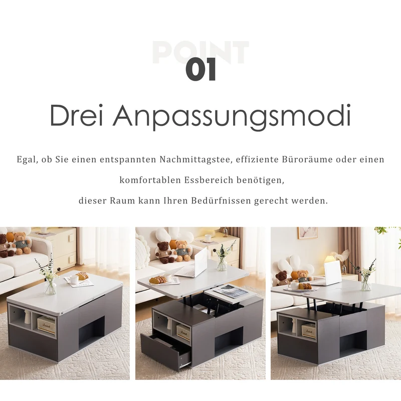 Table basse blanc et gris tablette relevable pliable, 2 portes 3 niches et 2 tiroirs 100x51cm RIFTKRYOSYNATH