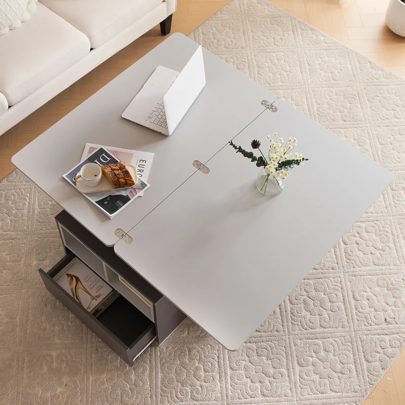 Table basse blanc et gris tablette relevable pliable, 2 portes 3 niches et 2 tiroirs 100x51cm RIFTKRYOSYNATH