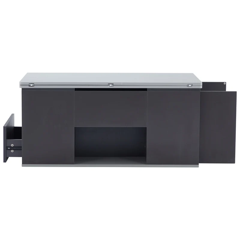 Table basse blanc et gris tablette relevable pliable, 2 portes 3 niches et 2 tiroirs 100x51cm RIFTKRYOSYNATH