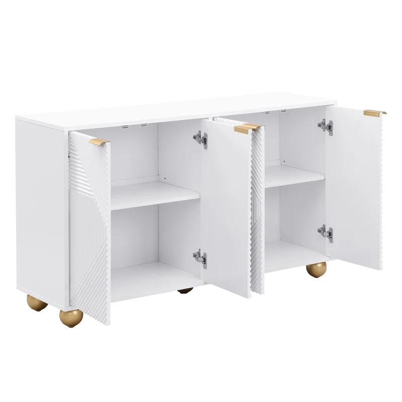 Buffet blanc 4 portes sculptées, poignées dorées pieds boule 120x35x71,5cm RIFTKRYNNATHOR