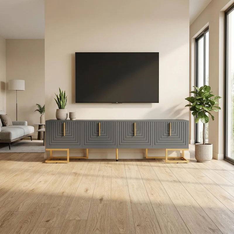 Meuble TV anthracite reliefs géométriques, pieds et poignées dorés AEGISMYRATH