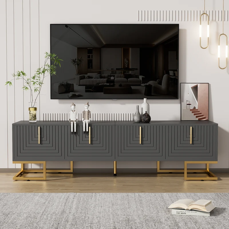 Meuble TV anthracite reliefs géométriques, pieds et poignées dorés AEGISMYRATH