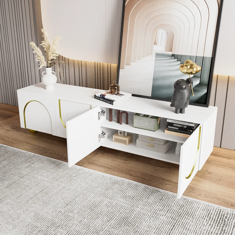 Meuble TV blanc luxueux avec portes sculptées et pieds dorés AEKRON G
