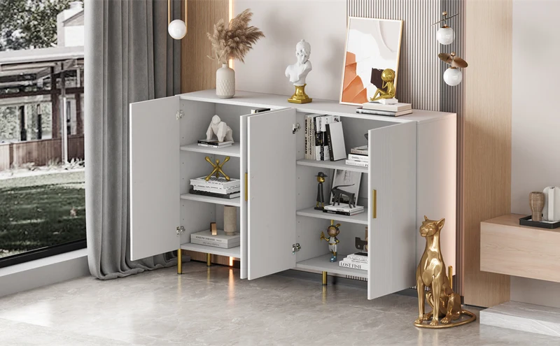 Buffet multifonctionnelle moderne blanc mat 4 portes poignées et pieds dorés 160*35*100 cm KIKS