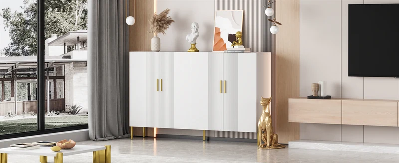 Buffet multifonctionnelle moderne blanc mat 4 portes poignées et pieds dorés 160*35*100 cm KIKS