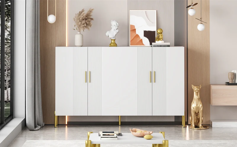 Buffet multifonctionnelle moderne blanc mat 4 portes poignées et pieds dorés 160*35*100 cm KIKS