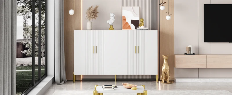 Buffet multifonctionnelle moderne blanc mat 4 portes poignées et pieds dorés 160*35*100 cm KIKS