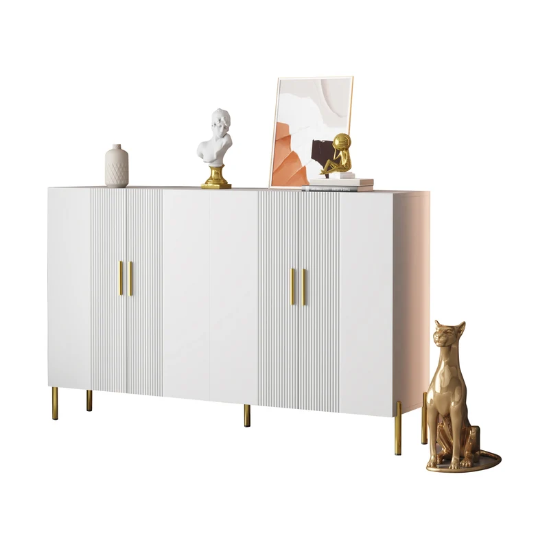Buffet multifonctionnelle moderne blanc mat 4 portes poignées et pieds dorés 160*35*100 cm KIKS