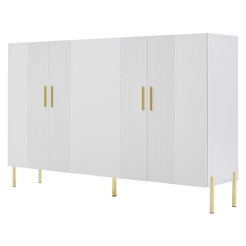 Buffet multifonctionnelle moderne blanc mat 4 portes poignées et pieds dorés 160*35*100 cm KIKS