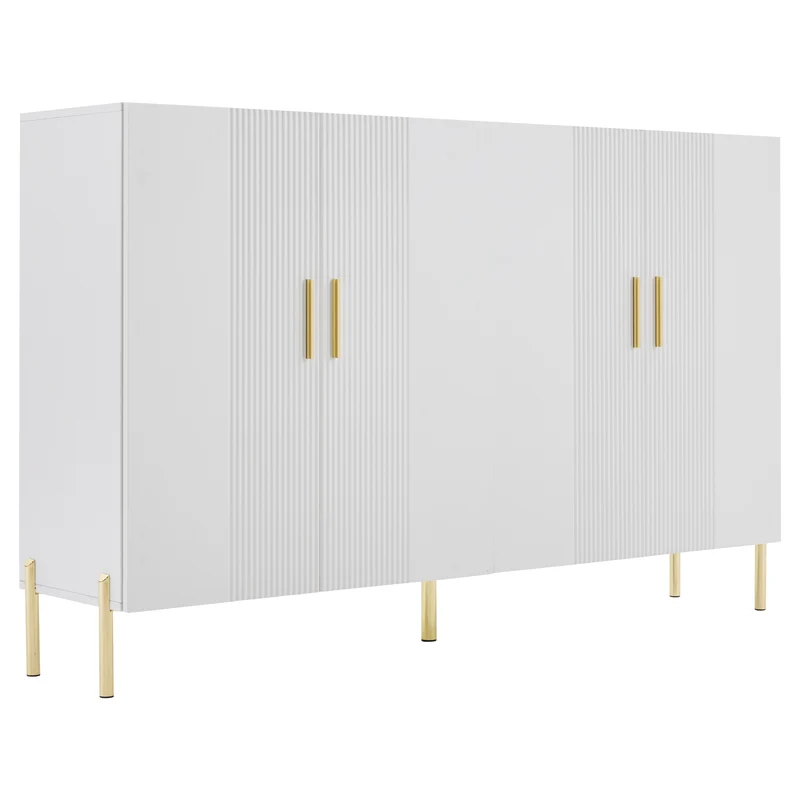 Buffet multifonctionnelle moderne blanc mat 4 portes poignées et pieds dorés 160*35*100 cm KIKS