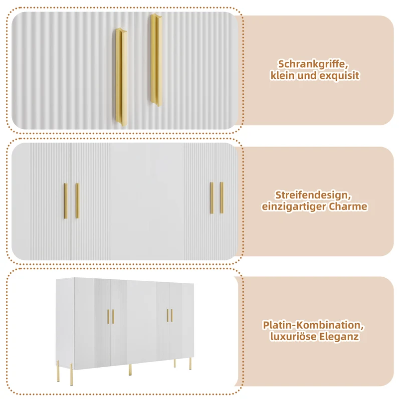 Buffet multifonctionnelle moderne blanc mat 4 portes poignées et pieds dorés 160*35*100 cm KIKS