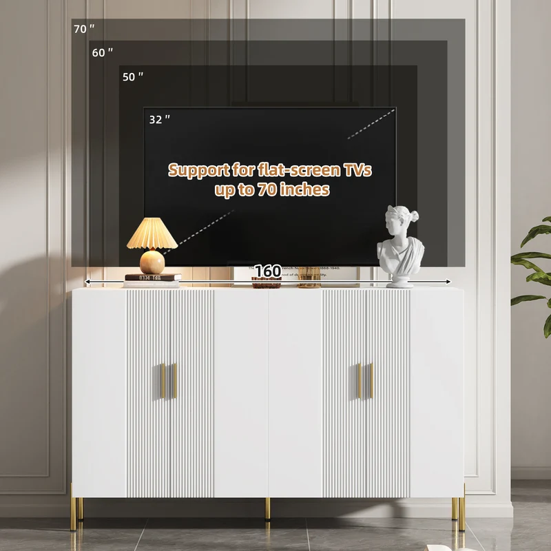 Buffet multifonctionnelle moderne blanc mat 4 portes poignées et pieds dorés 160*35*100 cm KIKS