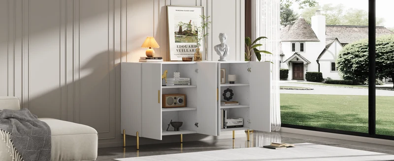 Buffet multifonctionnelle moderne blanc mat 4 portes poignées et pieds dorés 160*35*100 cm KIKS