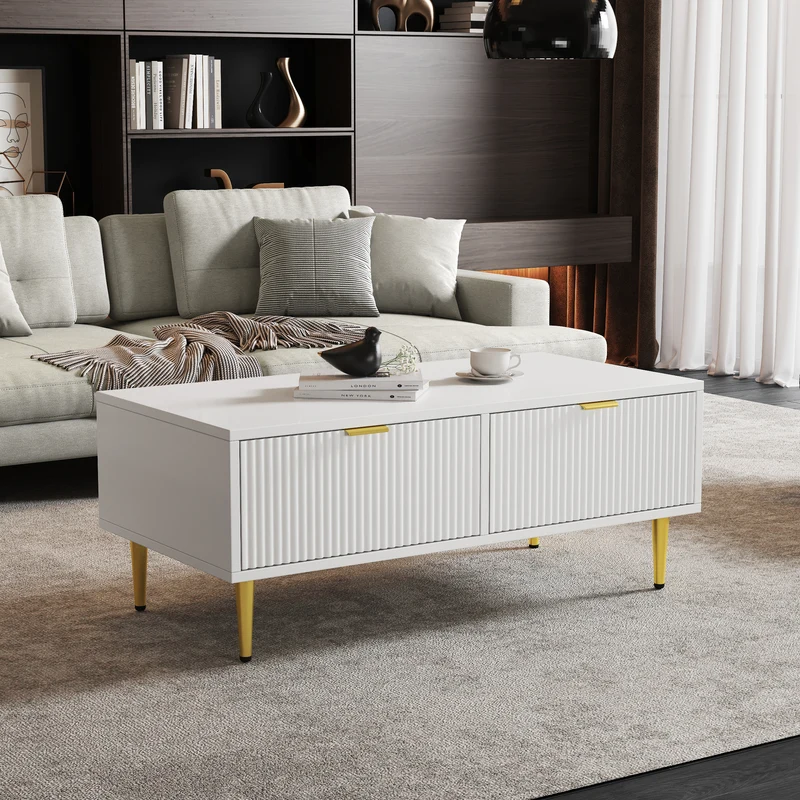 Table basse blanche moderne avec poignées et pieds dorés 2 tiroirs design à rayures verticales STRUX WHITE