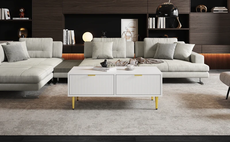 Table basse blanche moderne avec poignées et pieds dorés 2 tiroirs design à rayures verticales STRUX WHITE