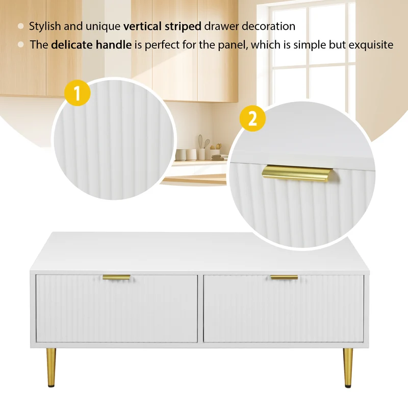 Table basse blanche moderne avec poignées et pieds dorés 2 tiroirs design à rayures verticales STRUX WHITE