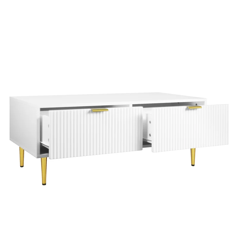Table basse blanche moderne avec poignées et pieds dorés 2 tiroirs design à rayures verticales STRUX WHITE