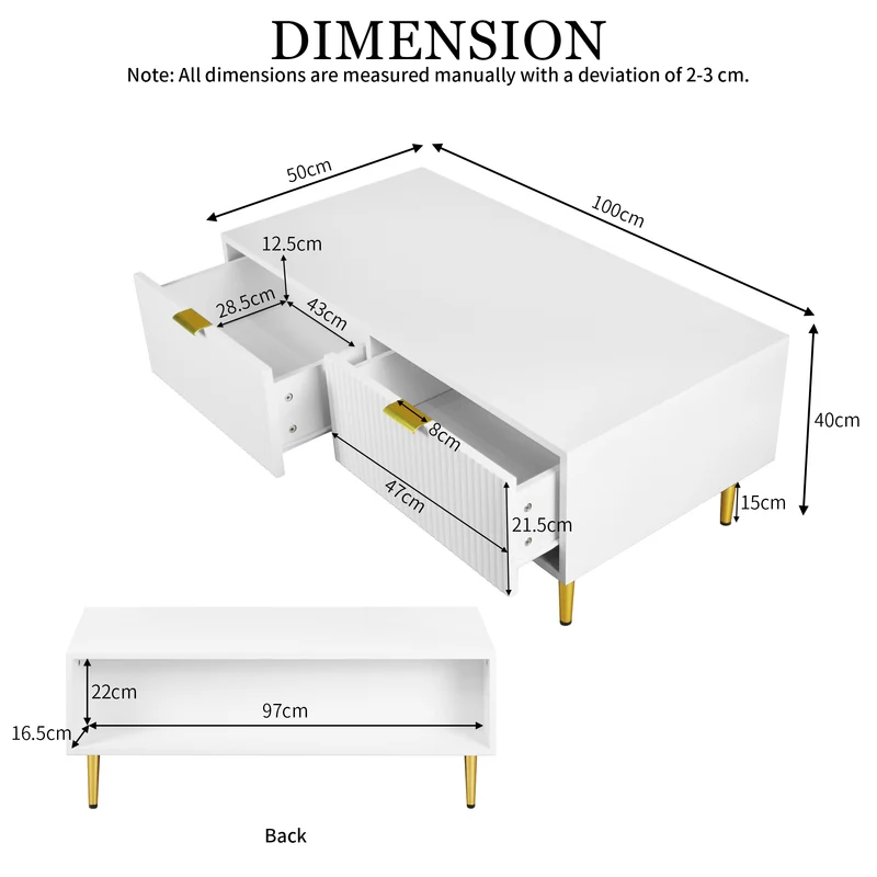 Table basse blanche moderne avec poignées et pieds dorés 2 tiroirs design à rayures verticales STRUX WHITE