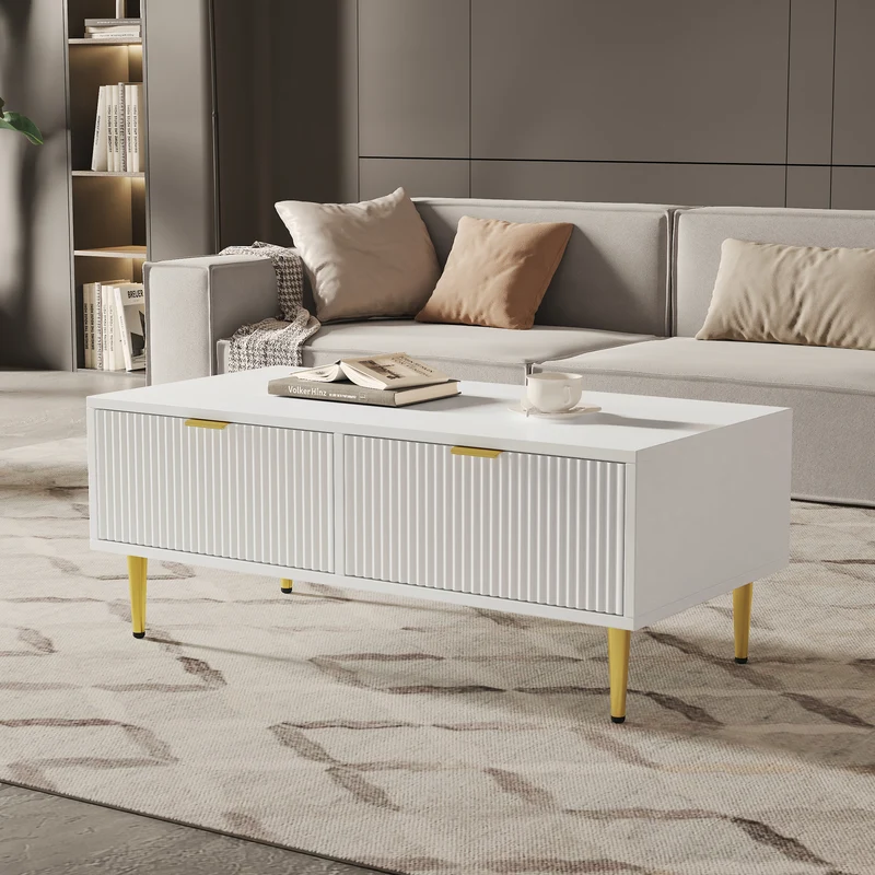 Table basse blanche moderne avec poignées et pieds dorés 2 tiroirs design à rayures verticales STRUX WHITE
