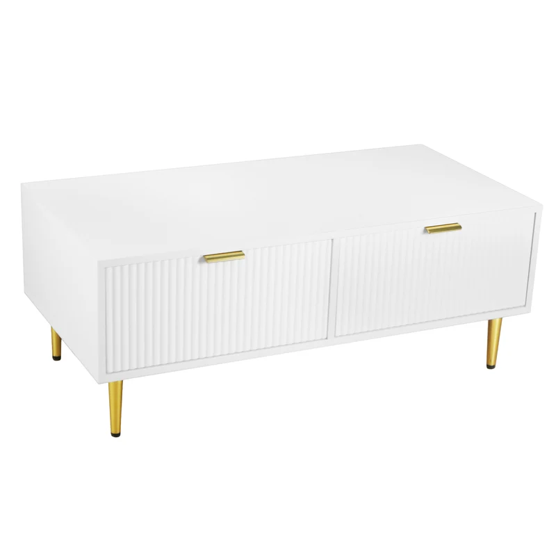 Table basse blanche moderne avec poignées et pieds dorés 2 tiroirs design à rayures verticales STRUX WHITE