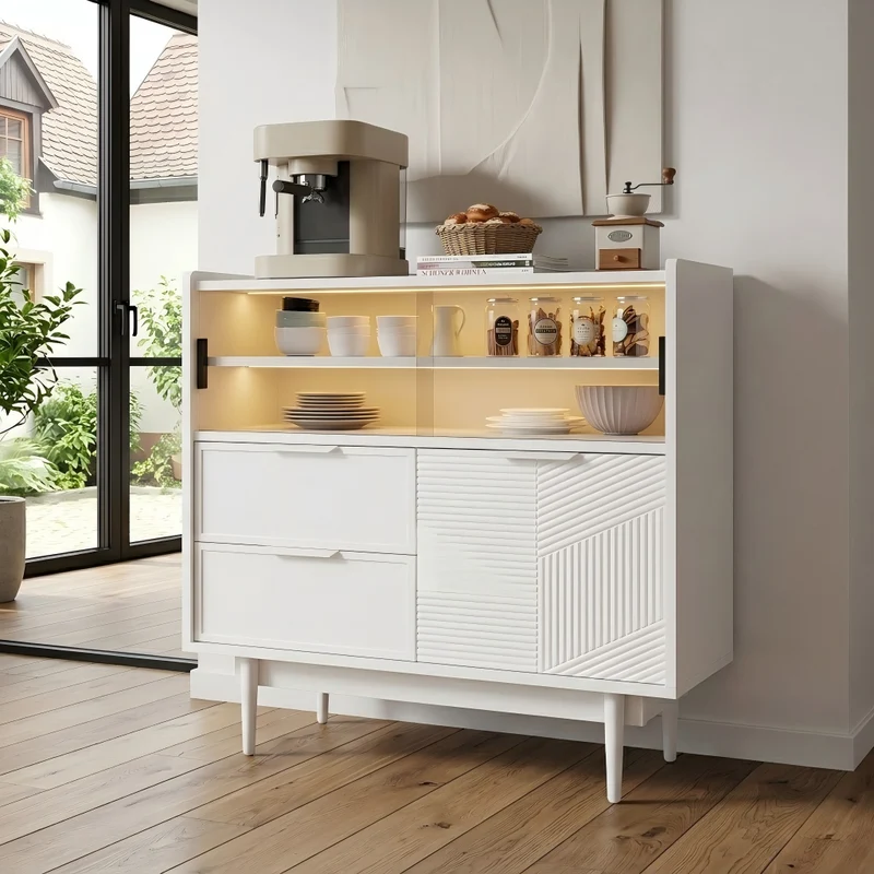 Buffet blanc avec porte en verre, éclairage LED RIFTMORKYNATHOR