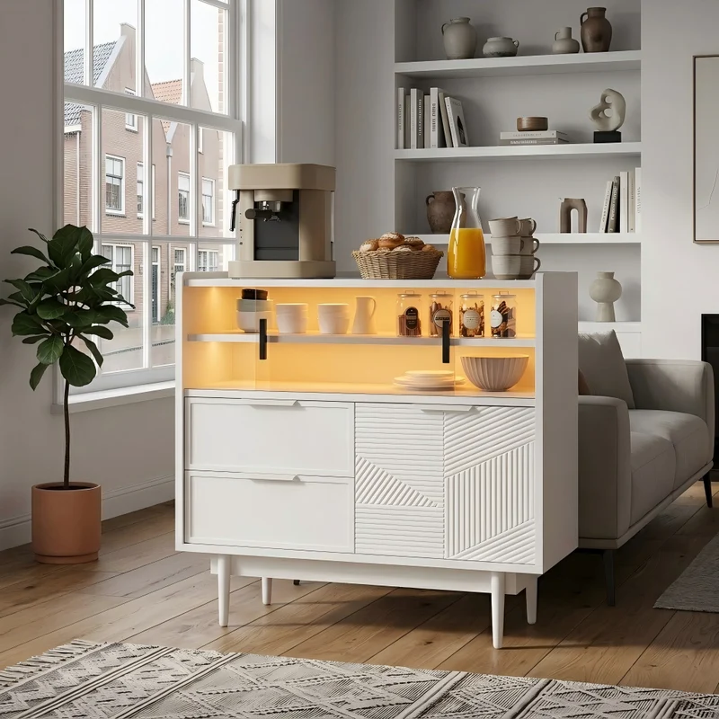 Buffet blanc avec porte en verre, éclairage LED RIFTMORKYNATHOR