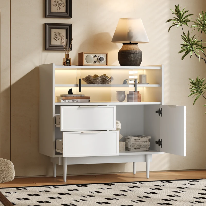 Buffet blanc avec porte en verre, éclairage LED RIFTMORKYNATHOR