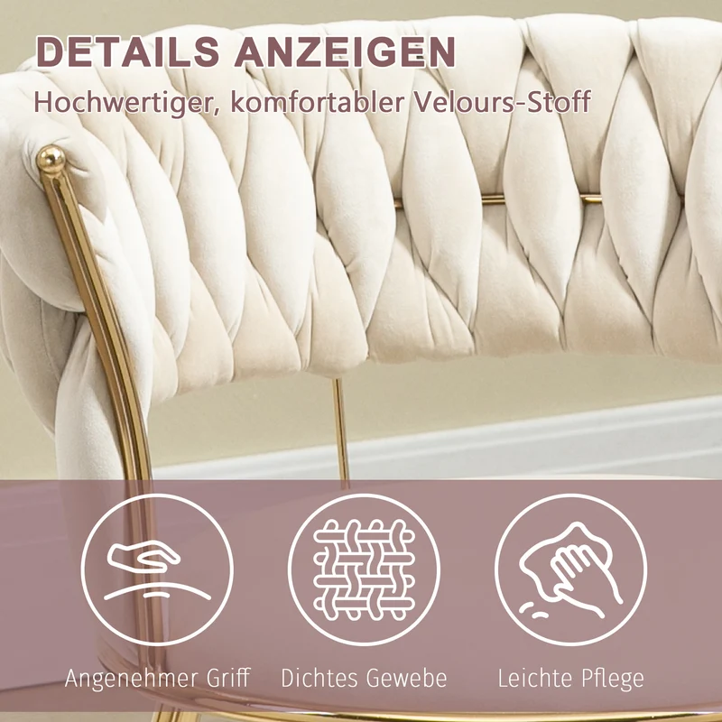 Lot de 2 chaises de salle à manger en velours ivoire, dossier ergonomique, pieds dorés BRIARGLADE