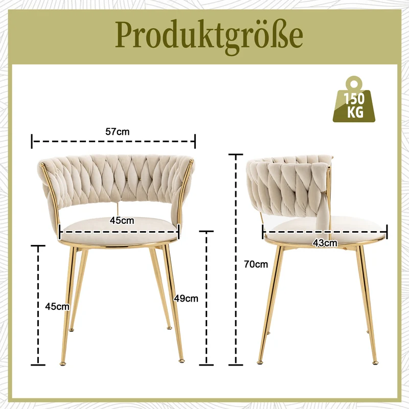 Lot de 2 chaises de salle à manger en velours ivoire, dossier ergonomique, pieds dorés BRIARGLADE