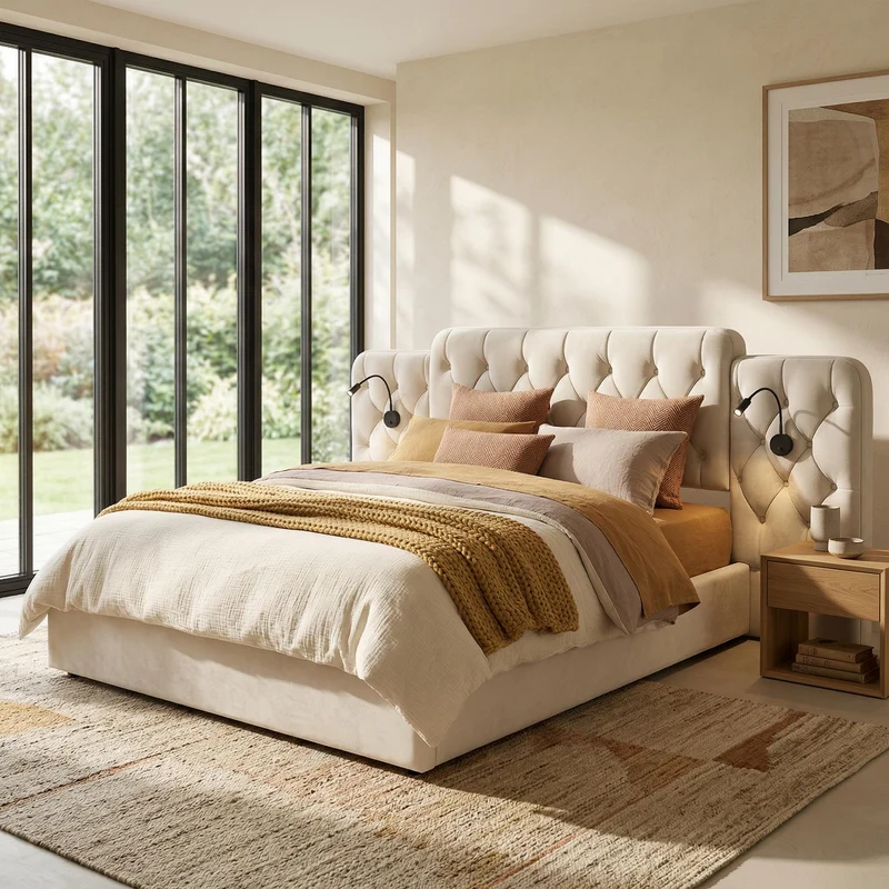 Lit coffre queen en velours beige grand tête de lit, porte USB et 2 lampes 160x200 cm VERTEXKRYNNATH
